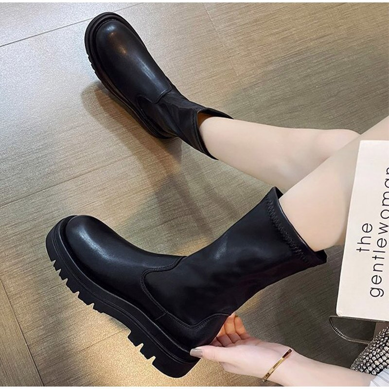 Sieviešu puszābaki Sieviešu apavi slīdoši ikru zābaki Platforma Mīksta PU ādas garie zābaki Apavi sieviete mode pavasaris ziema