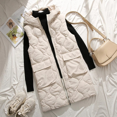 Φθινοπωρινό χειμώνα νέα μεγάλη παράγραφος πάνω από το γόνατο βαμβακερό γιλέκο με κουκούλα θηλυκό Λεπτό αμάνικο πουπουλένιο γυναικείο γιλέκο χειμερινό γιλέκο