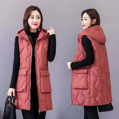 Φθινοπωρινό χειμώνα νέα μεγάλη παράγραφος πάνω από το γόνατο βαμβακερό γιλέκο με κουκούλα θηλυκό Λεπτό αμάνικο πουπουλένιο γυναικείο γιλέκο χειμερινό γιλέκο