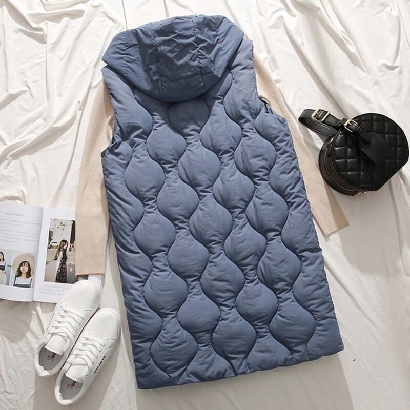 Φθινοπωρινό χειμώνα νέα μεγάλη παράγραφος πάνω από το γόνατο βαμβακερό γιλέκο με κουκούλα θηλυκό Λεπτό αμάνικο πουπουλένιο γυναικείο γιλέκο χειμερινό γιλέκο