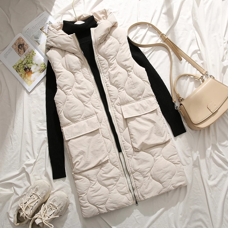 Φθινοπωρινό χειμώνα νέα μεγάλη παράγραφος πάνω από το γόνατο βαμβακερό γιλέκο με κουκούλα θηλυκό Λεπτό αμάνικο πουπουλένιο γυναικείο γιλέκο χειμερινό γιλέκο