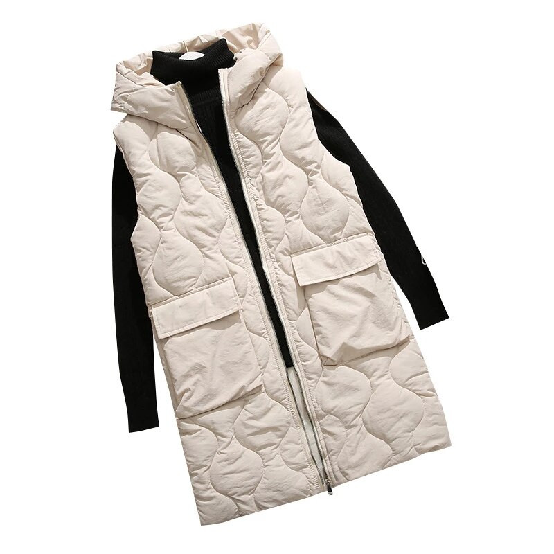 Φθινοπωρινό χειμώνα νέα μεγάλη παράγραφος πάνω από το γόνατο βαμβακερό γιλέκο με κουκούλα θηλυκό Λεπτό αμάνικο πουπουλένιο γυναικείο γιλέκο χειμερινό γιλέκο