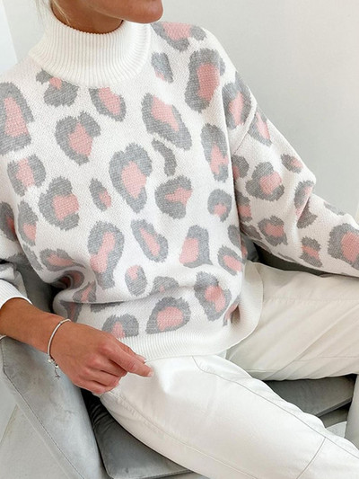 Leopard print ženski džemper s dolčevitom Preveliki pleteni jesenski modni ženski džemper pulover 2022. Novi ležerni gornji dijelovi dugih rukava