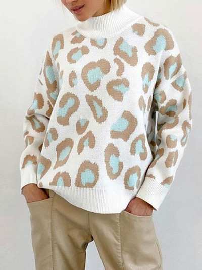 Leopard print ženski džemper s dolčevitom Preveliki pleteni jesenski modni ženski džemper pulover 2022. Novi ležerni gornji dijelovi dugih rukava