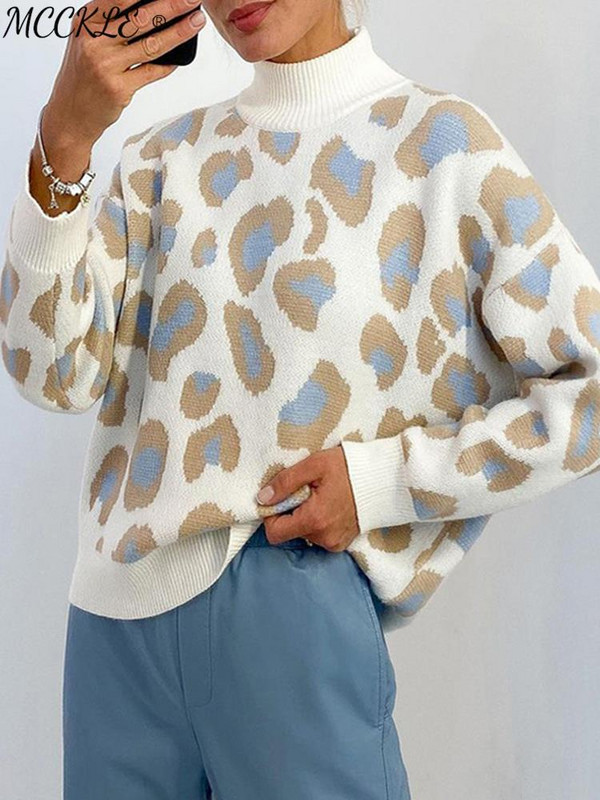Leopard print ženski džemper s dolčevitom Preveliki pleteni jesenski modni ženski džemper pulover 2022. Novi ležerni gornji dijelovi dugih rukava