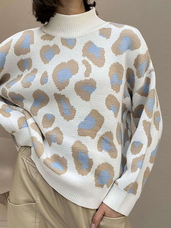 Leopard print ženski džemper s dolčevitom Preveliki pleteni jesenski modni ženski džemper pulover 2022. Novi ležerni gornji dijelovi dugih rukava