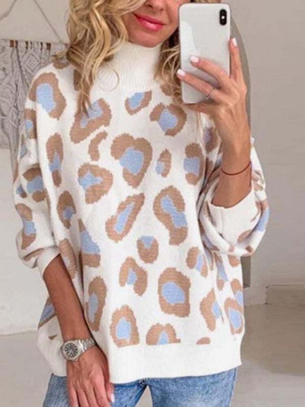 Leopard print ženski džemper s dolčevitom Preveliki pleteni jesenski modni ženski džemper pulover 2022. Novi ležerni gornji dijelovi dugih rukava