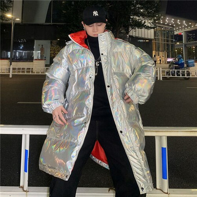 Bieza gara jaka vīriešiem Ziemas modes tendences Silts apģērbs Pusaudžiem Krāsains atstarojošs polsterēts mētelis Ielu apģērbs ar spārniem