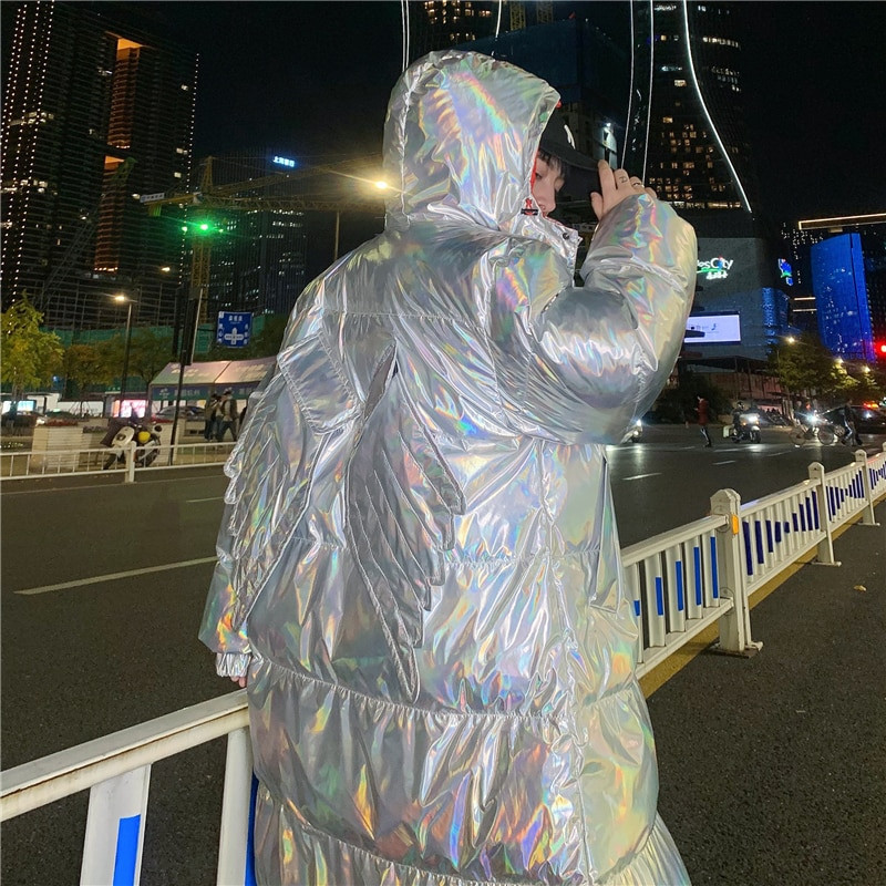 Bieza gara jaka vīriešiem Ziemas modes tendences Silts apģērbs Pusaudžiem Krāsains atstarojošs polsterēts mētelis Ielu apģērbs ar spārniem