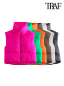 TRAF női divat húzózsinóros szegéllyel, cipzáras, párnázott mellény Vintage, magas nyakú, ujjatlan női felsőruházat elegáns mellény