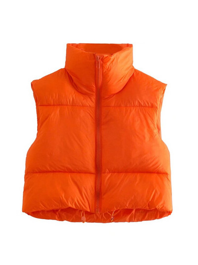 TRAF női divat húzózsinóros szegéllyel, cipzáras, párnázott mellény Vintage, magas nyakú, ujjatlan női felsőruházat elegáns mellény