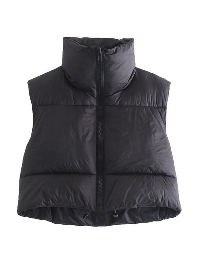 TRAF női divat húzózsinóros szegéllyel, cipzáras, párnázott mellény Vintage, magas nyakú, ujjatlan női felsőruházat elegáns mellény