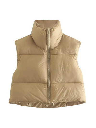 TRAF női divat húzózsinóros szegéllyel, cipzáras, párnázott mellény Vintage, magas nyakú, ujjatlan női felsőruházat elegáns mellény