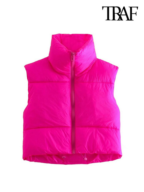 TRAF női divat húzózsinóros szegéllyel, cipzáras, párnázott mellény Vintage, magas nyakú, ujjatlan női felsőruházat elegáns mellény