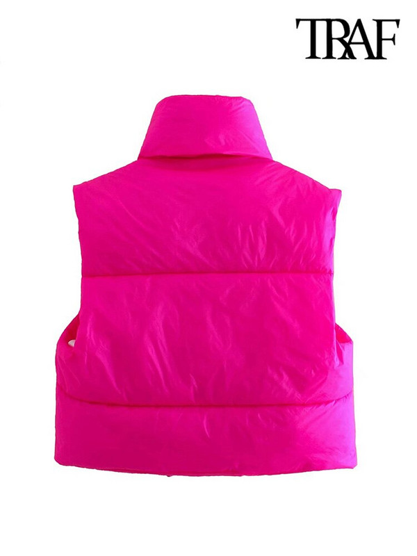 TRAF női divat húzózsinóros szegéllyel, cipzáras, párnázott mellény Vintage, magas nyakú, ujjatlan női felsőruházat elegáns mellény