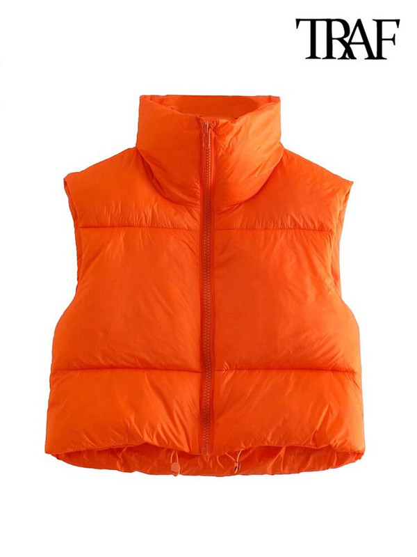 TRAF női divat húzózsinóros szegéllyel, cipzáras, párnázott mellény Vintage, magas nyakú, ujjatlan női felsőruházat elegáns mellény