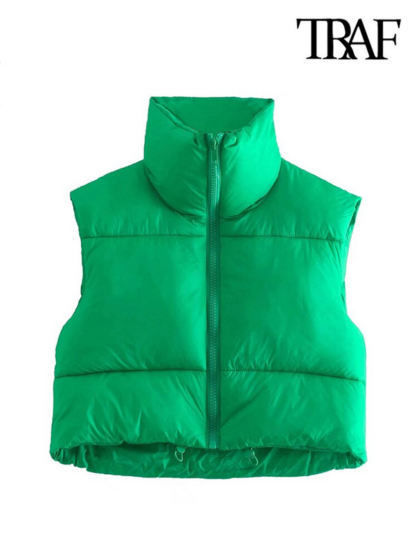 TRAF női divat húzózsinóros szegéllyel, cipzáras, párnázott mellény Vintage, magas nyakú, ujjatlan női felsőruházat elegáns mellény