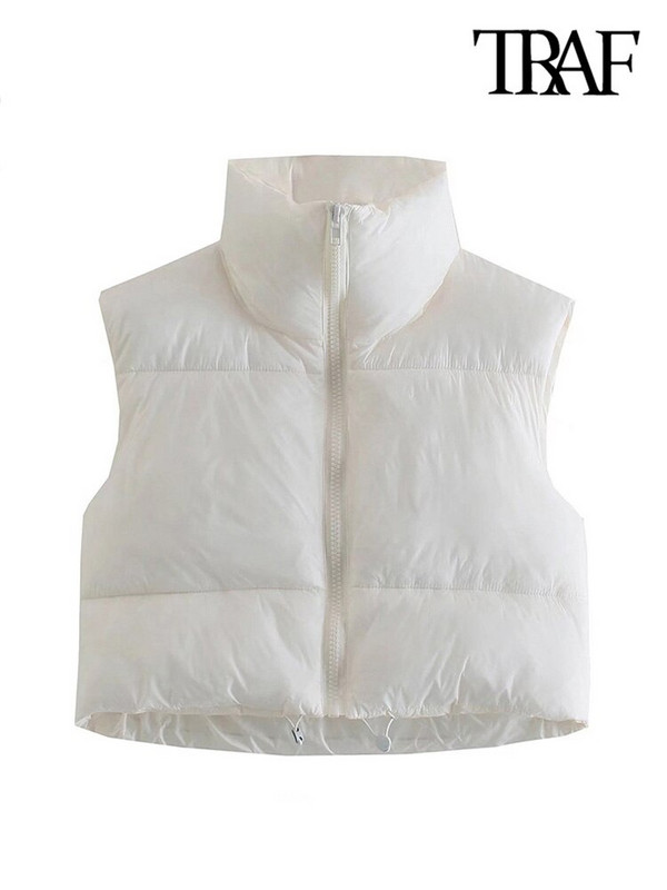TRAF női divat húzózsinóros szegéllyel, cipzáras, párnázott mellény Vintage, magas nyakú, ujjatlan női felsőruházat elegáns mellény