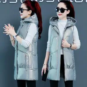 Jakas bez garām piedurknēm Sieviešu ar kapuci siltas dāmas ikdienas ziemas vestes kabatas ar rāvējslēdzēju Bieza spīdīga modes veste sievietēm