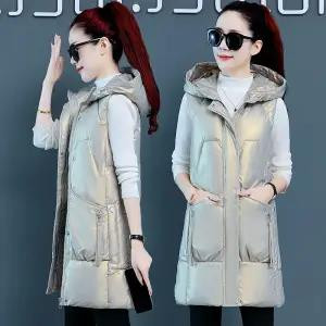 Jakas bez garām piedurknēm Sieviešu ar kapuci siltas dāmas ikdienas ziemas vestes kabatas ar rāvējslēdzēju Bieza spīdīga modes veste sievietēm