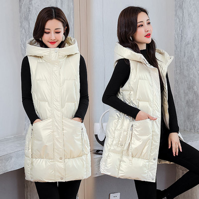 Jakas bez garām piedurknēm Sieviešu ar kapuci siltas dāmas ikdienas ziemas vestes kabatas ar rāvējslēdzēju Bieza spīdīga modes veste sievietēm