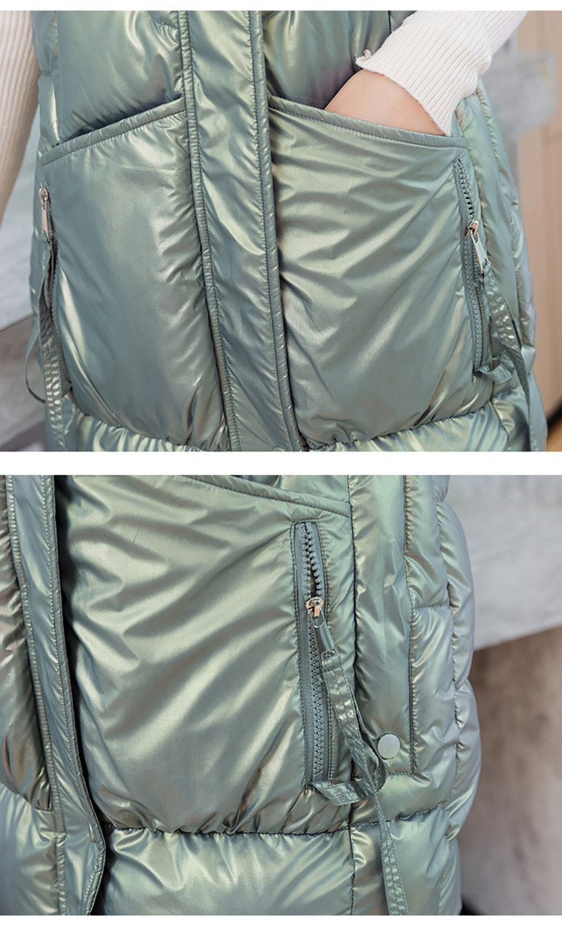 Jakas bez garām piedurknēm Sieviešu ar kapuci siltas dāmas ikdienas ziemas vestes kabatas ar rāvējslēdzēju Bieza spīdīga modes veste sievietēm