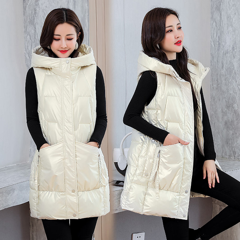 Jakas bez garām piedurknēm Sieviešu ar kapuci siltas dāmas ikdienas ziemas vestes kabatas ar rāvējslēdzēju Bieza spīdīga modes veste sievietēm