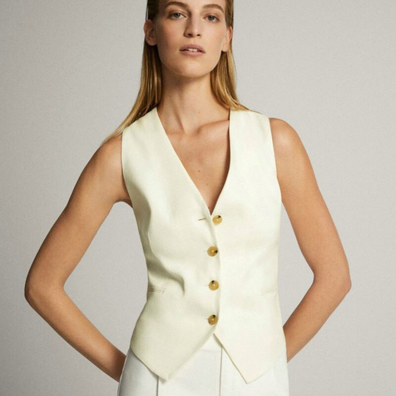 Pavasara vasara sieviešu veste ikdienišķa plāna vienkrāsaina veste ar V veida kakla izgriezumu, lina mētelis bez piedurknēm ar vienrindu OL sieviešu uzvalku vestu topi