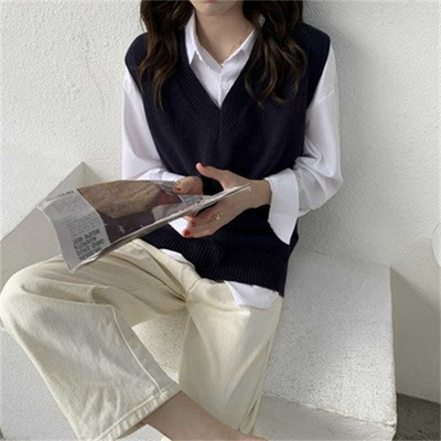 Γυναικείο γιλέκο πουλόβερ Κομψό μονόχρωμο λαιμόκοψη με λαιμόκοψη φαρδύ γυναικείο πλεκτό φθινόπωρο άνοιξη Κορεάτικη μόδα Δημοφιλή ρούχα για κορίτσια στο κολέγιο