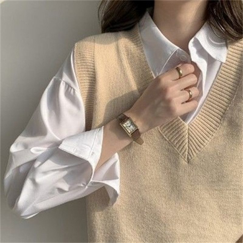 Γυναικείο γιλέκο πουλόβερ Κομψό μονόχρωμο λαιμόκοψη με λαιμόκοψη φαρδύ γυναικείο πλεκτό φθινόπωρο άνοιξη Κορεάτικη μόδα Δημοφιλή ρούχα για κορίτσια στο κολέγιο