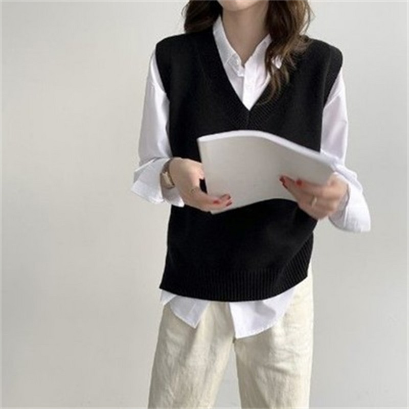 Γυναικείο γιλέκο πουλόβερ Κομψό μονόχρωμο λαιμόκοψη με λαιμόκοψη φαρδύ γυναικείο πλεκτό φθινόπωρο άνοιξη Κορεάτικη μόδα Δημοφιλή ρούχα για κορίτσια στο κολέγιο