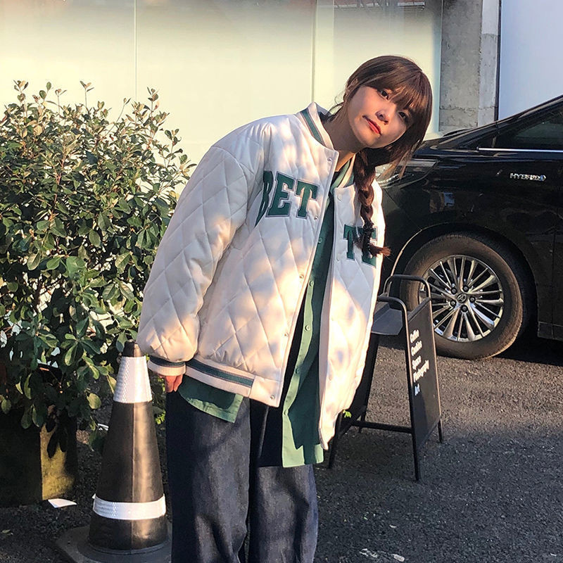 Téli, steppelt, diák baseball egyenruha dzseki Női dzsekik Harajuku stílusú laza párnázott párok Párnázott felsők Női divatkabát