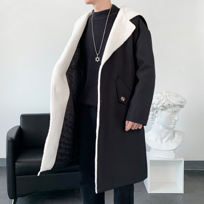 Vīriešu vējjaka garais vilnas mētelis Harajuku vidēja garuma ikdienišķs hiphopa pārsegs virsdrēbes, ielas apģērbs, virsjakas