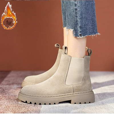 Chelsea Chunky Boots Γυναικεία χειμερινά παπούτσια Cow Suede Boots Μαύρες Φθινοπωρινές Μπότες Πλατφόρμας Χειμερινές Γυναικείες Μπότες Lg026