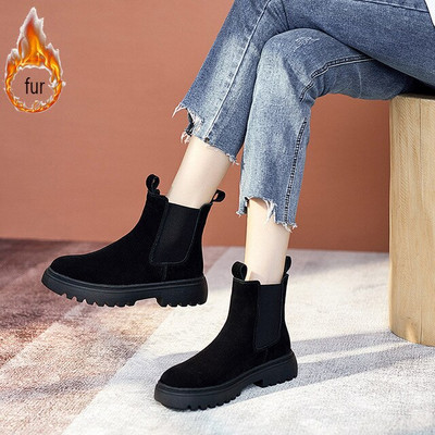 Chelsea Chunky Boots Γυναικεία χειμερινά παπούτσια Cow Suede Boots Μαύρες Φθινοπωρινές Μπότες Πλατφόρμας Χειμερινές Γυναικείες Μπότες Lg026