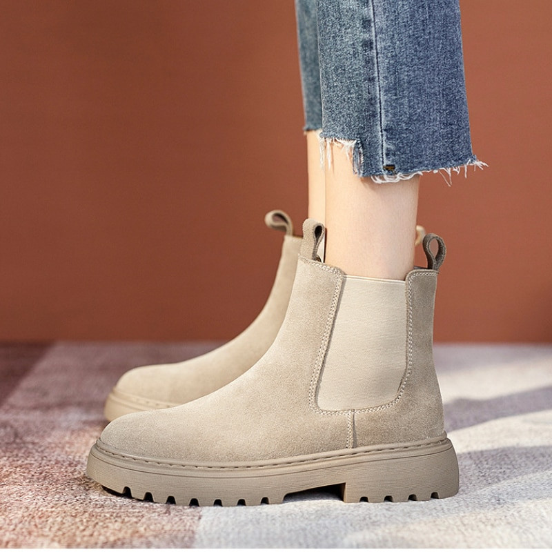 Chelsea Chunky Boots Γυναικεία χειμερινά παπούτσια Cow Suede Boots Μαύρες Φθινοπωρινές Μπότες Πλατφόρμας Χειμερινές Γυναικείες Μπότες Lg026