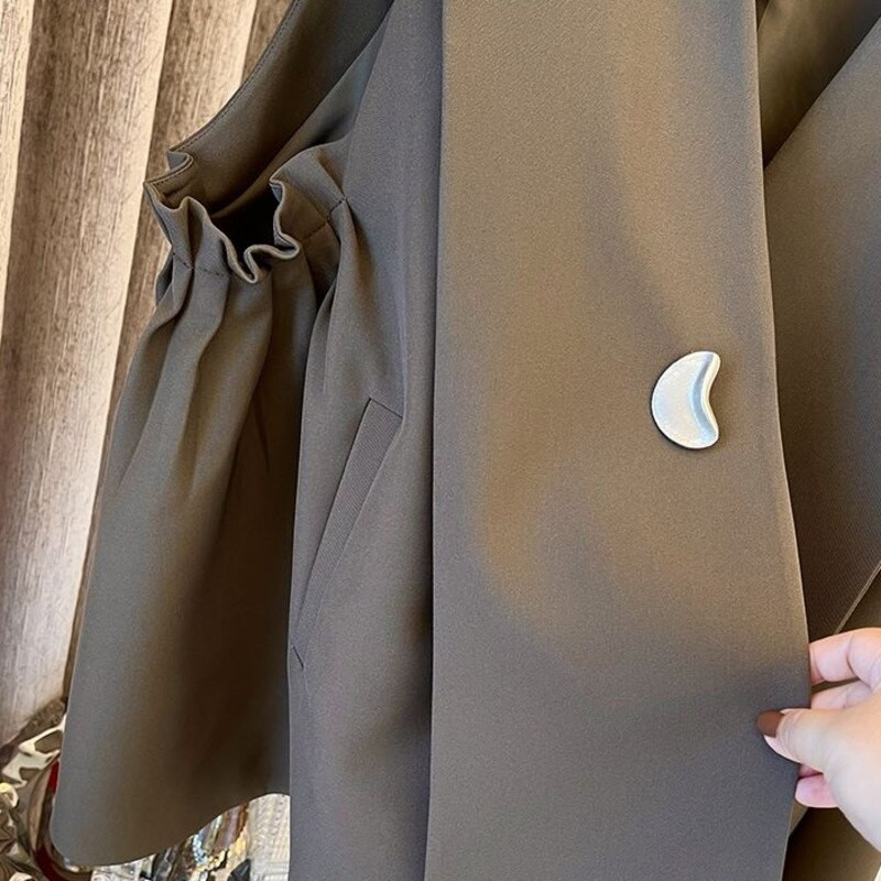 [EWQ] Melns apģērbs 2022. gada rudens ziema, jauns korejiešu brīvs ikdienas kafijas jaka, kroku lietussargs, kostīms, veste, mētelis sievietēm, sieviešu tops