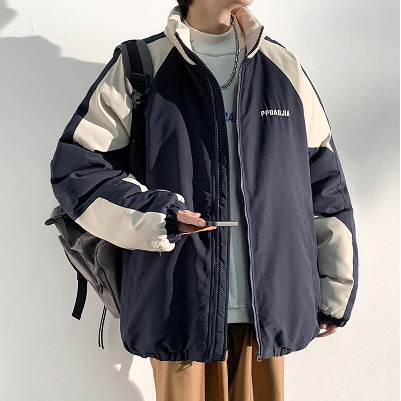 Ziemas Patchwork Parkas Vīriešu Hip Hop Krāsa Block Biezi Silti Polsterētas Jakas High Street Streetwear Puffer College Bubble Coats