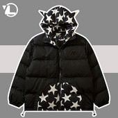 Retró párnázott parkák férfi hip-hop Harajuku csillagnyomtatás Little Devil Designer pufferkabátok Téli vastagon meleg kapucnis buborékos kabátok