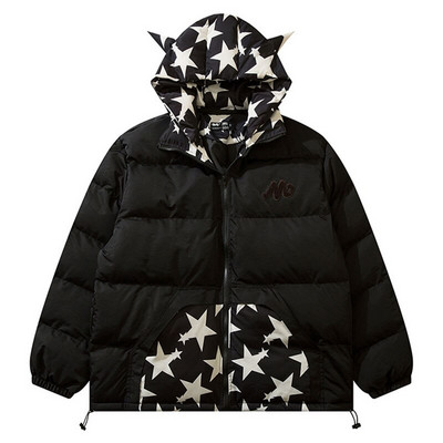 Retró párnázott parkák férfi hip-hop Harajuku csillagnyomtatás Little Devil Designer pufferkabátok Téli vastagon meleg kapucnis buborékos kabátok