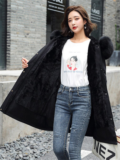 Moteriškas paltas 2022 m. žiema Nauja mada Pridėti vilnos storo šilto kailio apykaklė su gobtuvu Parkas Medvilninė striukė Ploni viršutiniai drabužiai Moteriški