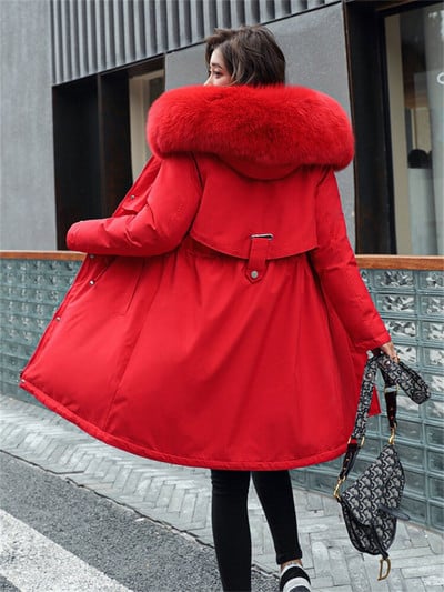 Moteriškas paltas 2022 m. žiema Nauja mada Pridėti vilnos storo šilto kailio apykaklė su gobtuvu Parkas Medvilninė striukė Ploni viršutiniai drabužiai Moteriški