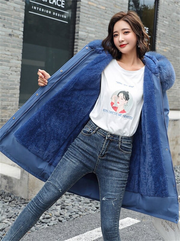 Moteriškas paltas 2022 m. žiema Nauja mada Pridėti vilnos storo šilto kailio apykaklė su gobtuvu Parkas Medvilninė striukė Ploni viršutiniai drabužiai Moteriški