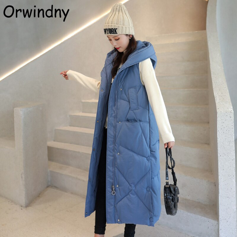 Orwindny dugi topli prsluk, kaput s kapuljačom, uski modni jednobojni prsluk 2022. High Street parke, snježna odjeća bez rukava