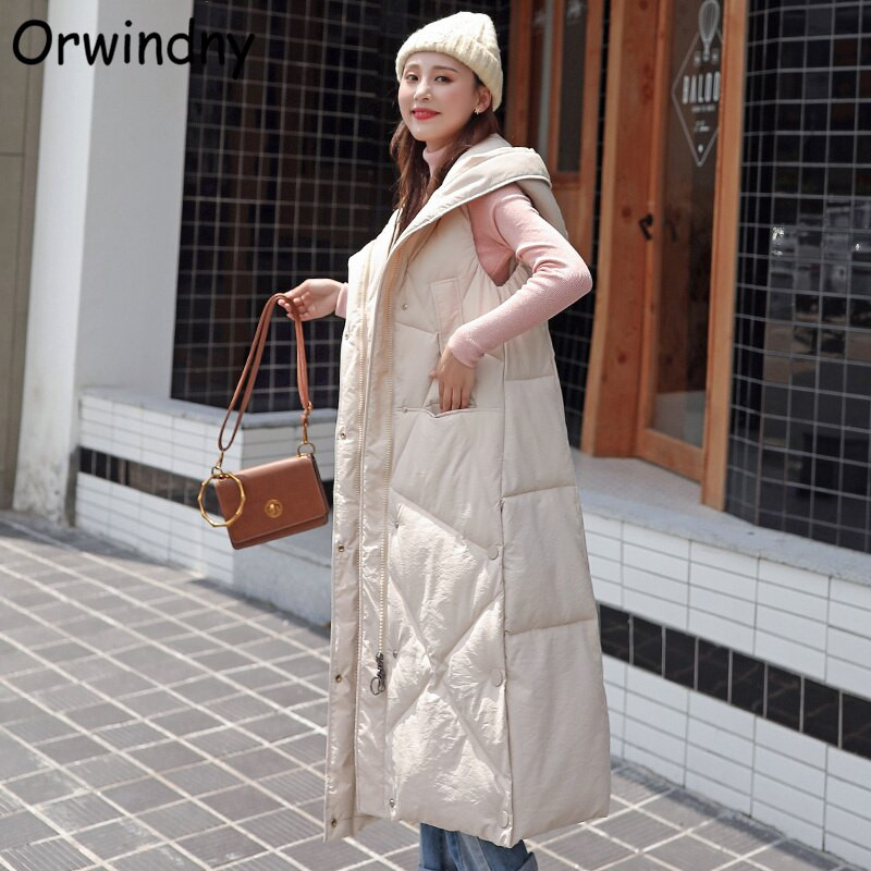 Orwindny dugi topli prsluk, kaput s kapuljačom, uski modni jednobojni prsluk 2022. High Street parke, snježna odjeća bez rukava