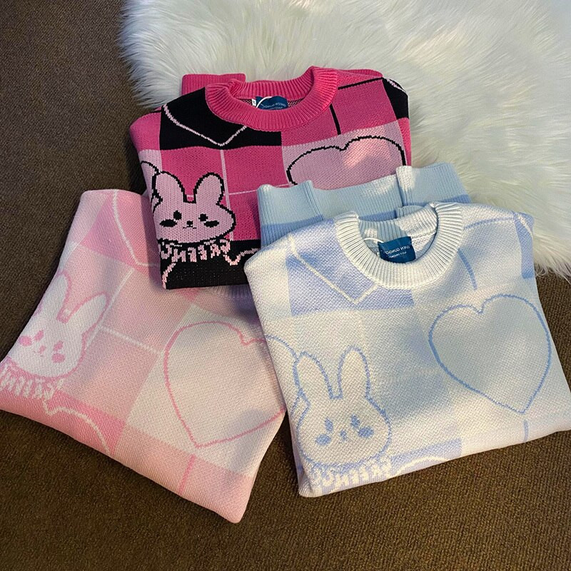 Japāņu vintage karikatūra trikotāžas Harajuku džemperis sievietēm rudens jauns O kakla džemperi ar garām piedurknēm Preppy stila lielizmēra džemperi