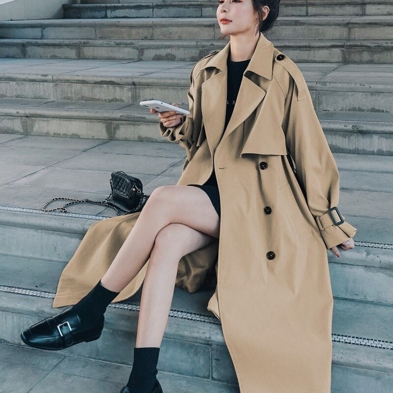 Khaki angļu stila garš mētelis, vaļīgs mētelis līdz ceļgalam, sieviešu pavasara rudens modes vienkrāsains divrindu atloks