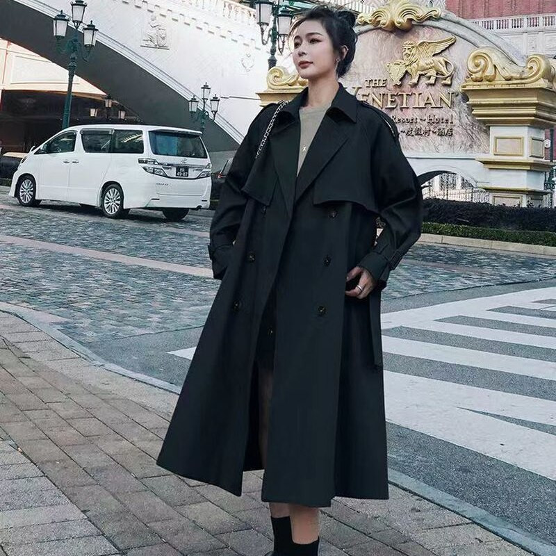 Khaki angļu stila garš mētelis, vaļīgs mētelis līdz ceļgalam, sieviešu pavasara rudens modes vienkrāsains divrindu atloks