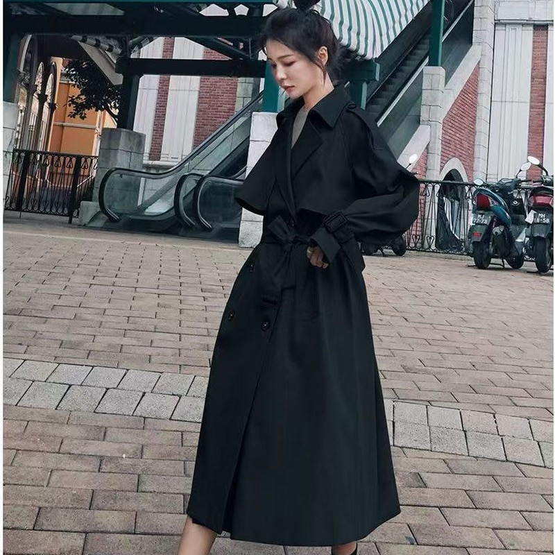 Khaki angļu stila garš mētelis, vaļīgs mētelis līdz ceļgalam, sieviešu pavasara rudens modes vienkrāsains divrindu atloks