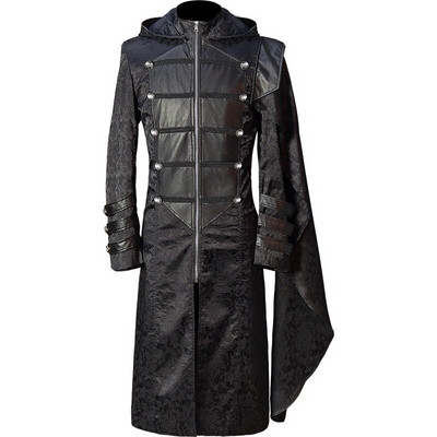 Melna Steampunk Vintage fraka jaka Mens Goth Victorian Frock Coat Uniforma Melns Ādas Gothic Cape Coat Helovīna kostīms